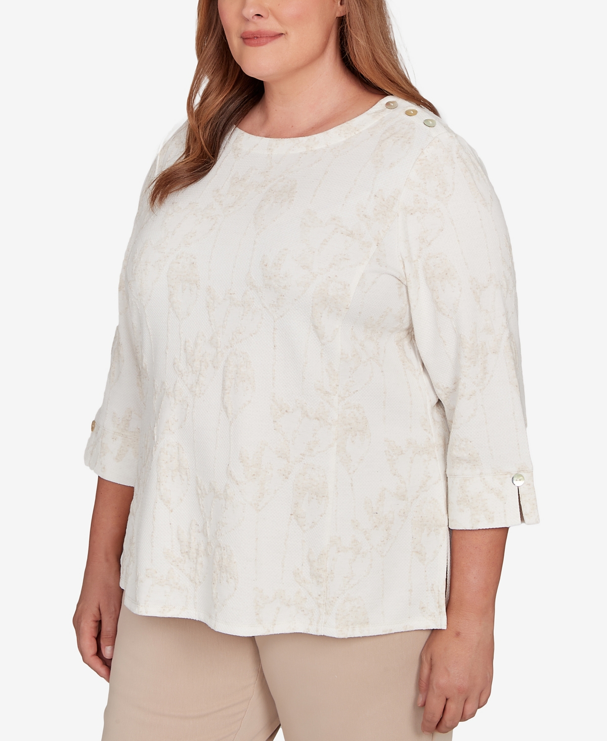 Alfred Dunner Plus Size Saratoga Springs Raised Texture Floral Design Knit Top In Neutral