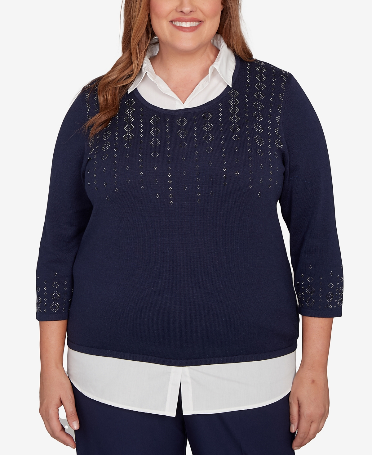 Alfred Dunner Plus Size Saratoga Springs Metallic Studded Textured Two In One Sweater In Blue