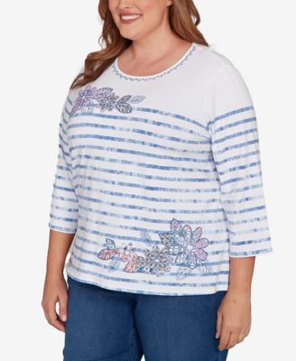 Plus Size Hilton Head Applique Flower Tie Dye Stripe Knit Top