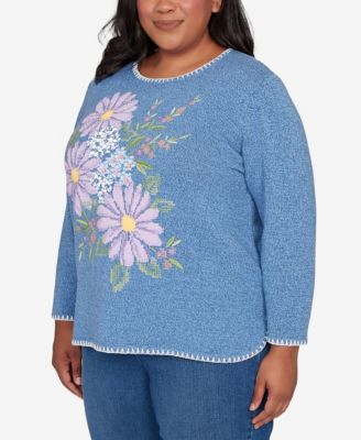 Plus Size Hilton Head Cross Stitched Floral Pullover Sweater