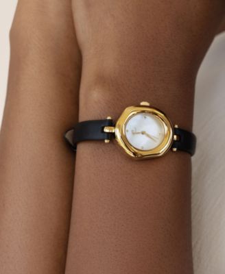 Open Circle Gold Plated Black Leather Watch, 70-110mm