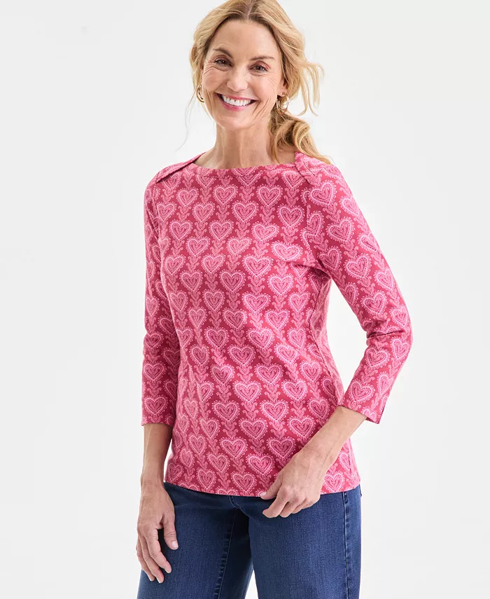 Women's Printed Pima Cotton 3/4 Sleeve Boat-Neck Top