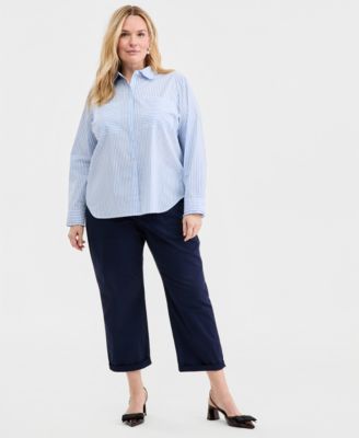 Trendy Plus Size Jenna Stripe Ruffle Trim Button-Front Shirt, Macy's Exclusive