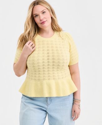 Trendy Plus Size Textured Short-Sleeve Peplum Sweater, Macy's Exclusive