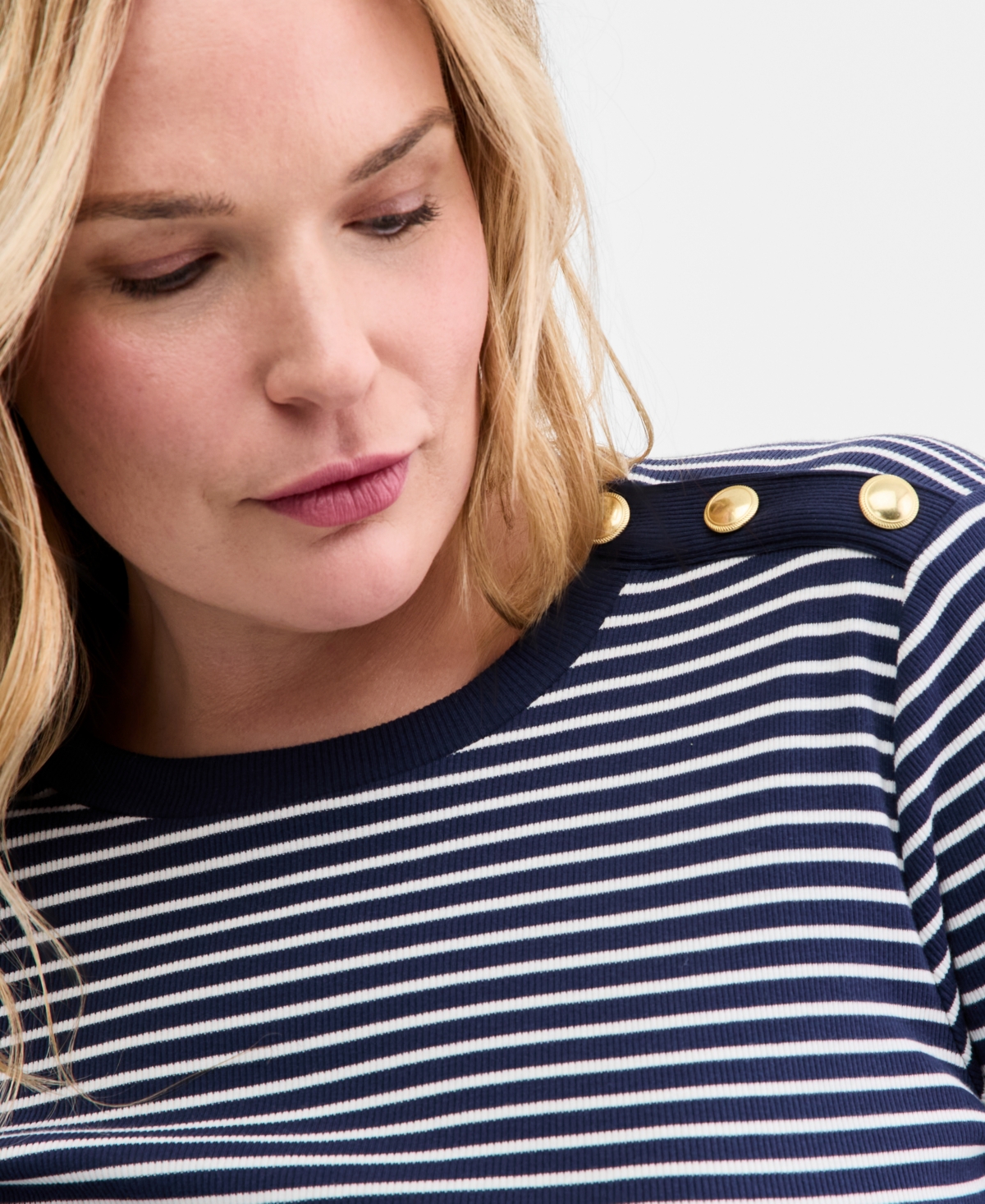 On 34th Trendy Plus Striped Button-Shoulder Long-Sleeve T-Shirt, Macy's Exclusive