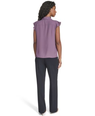 Petite Solid Cap Sleeve Ruffle Front Top