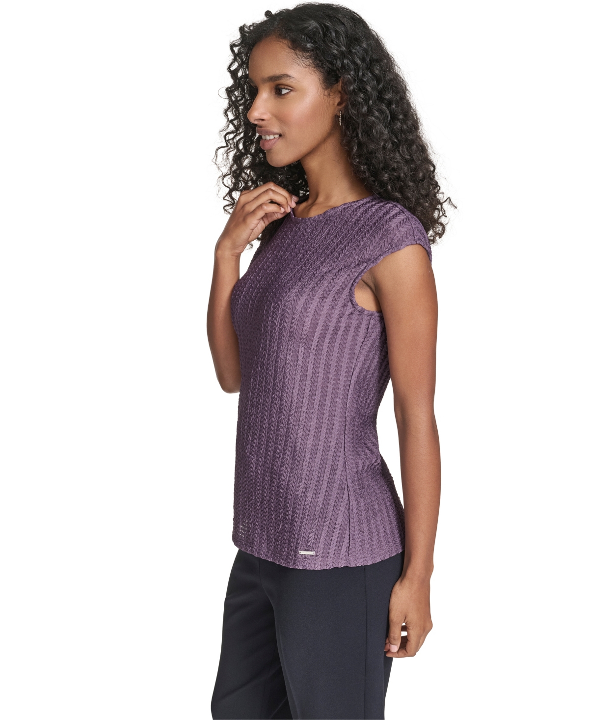 Calvin Klein Petite Cap Sleeve Textured Knit Top In Purple