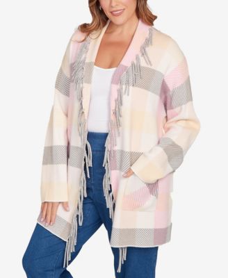 Plus Size Luxe Plaid Fringed Cardigan Sweater 