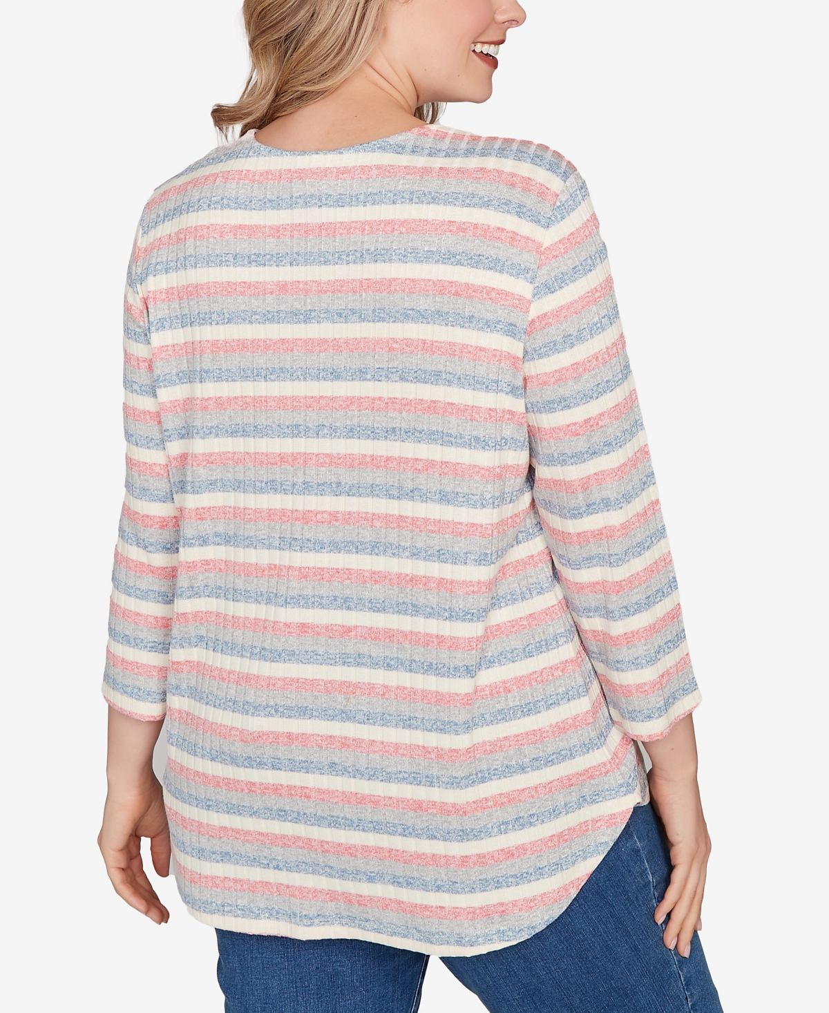 Ruby Rd. Plus Size Marled Stripe Envelope Neck Rib Knit Top In Neutral