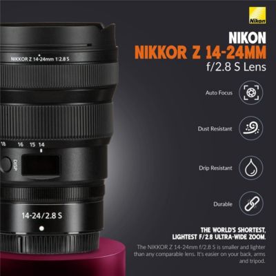Nikkor Z 14-24mm f/2.8 S Lens Lightweight Compact 200 Camera Backpack Adjustable Flexible Lens Shade For Any SLR Lens NC UV Filter