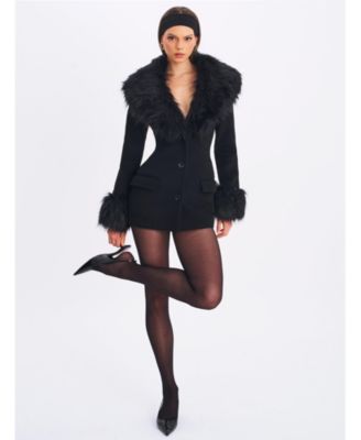 Women Hailee Black Single Breasted Wool Blend Mini Coat with Removable Fur Lapel