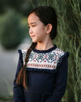 Little and Big Girls' Organic Ruffle Collar Fair Isle Yoke Sweater Dress