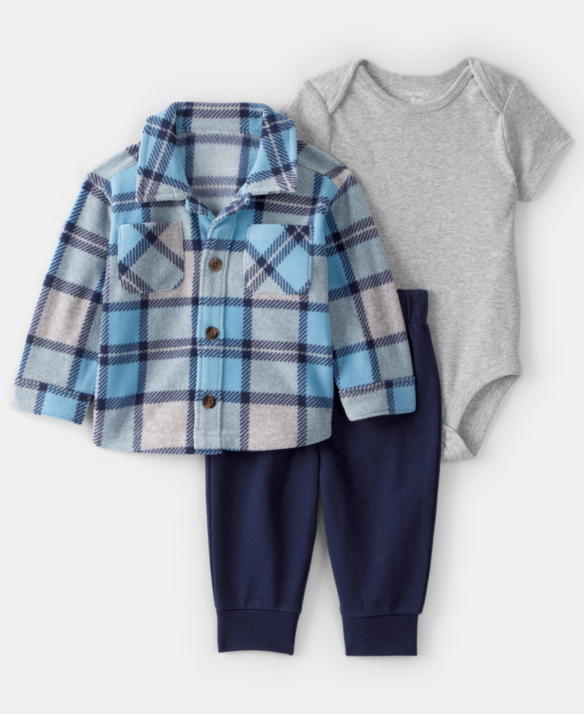 Carter's Baby Boys 3-piece Plaid Long-sleeve Shacket, Bodysuit And Pants Set In Multi