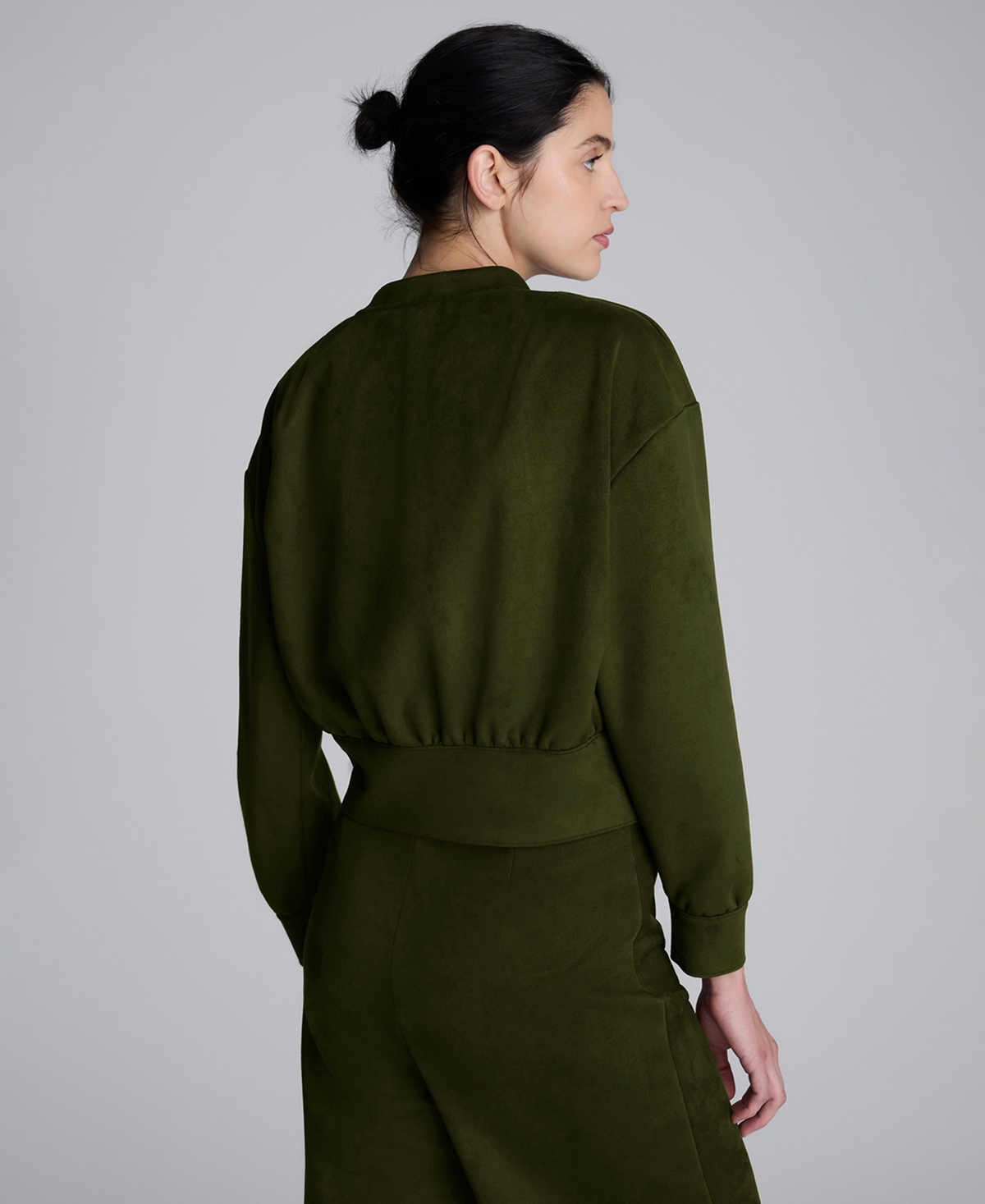 Kenneth Cole Faux Suede Shoulder Pleated Long Sleeve Knit Pullover In Green