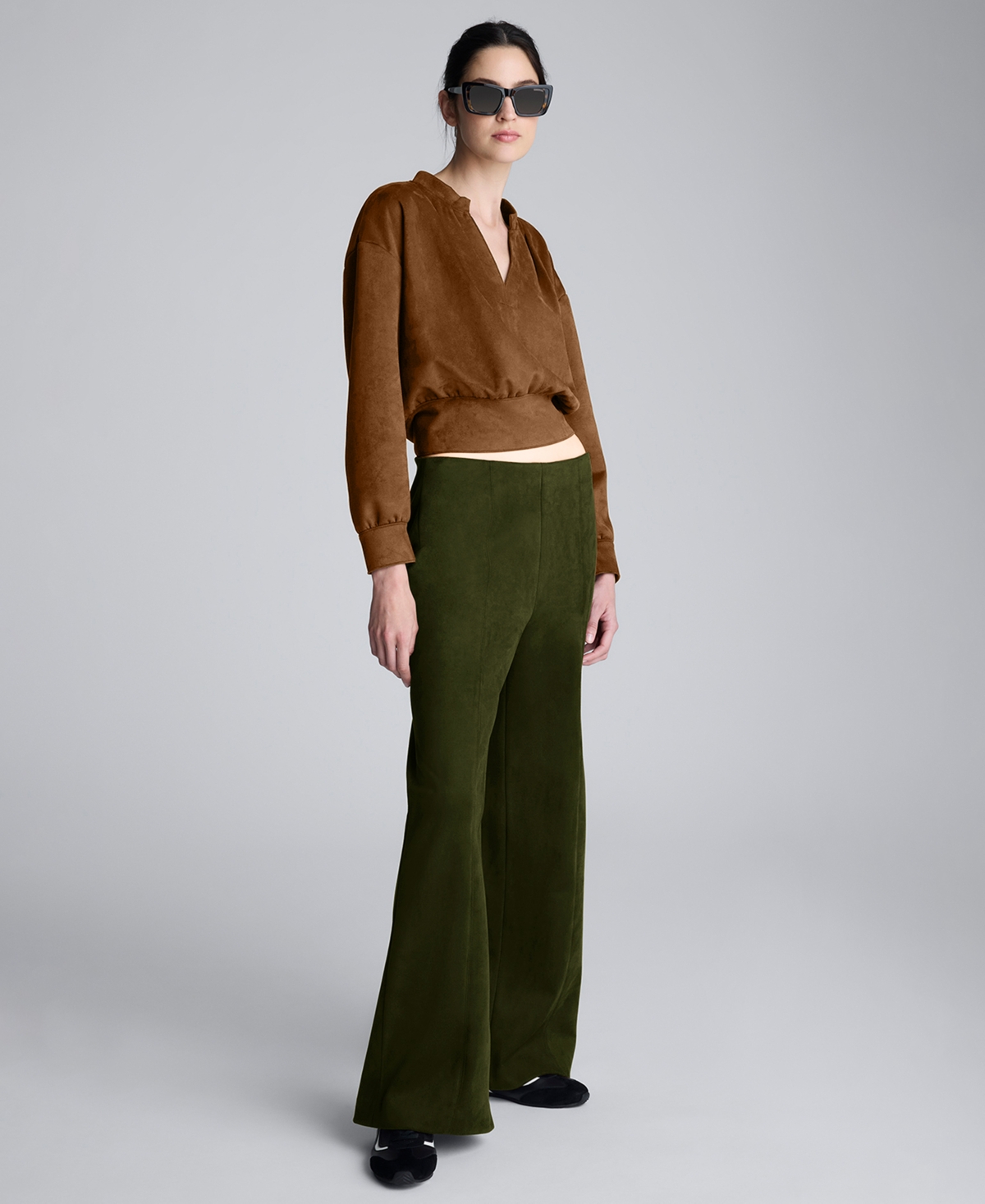 Kenneth Cole Sueded Scuba Knit V-neck Top In Brown