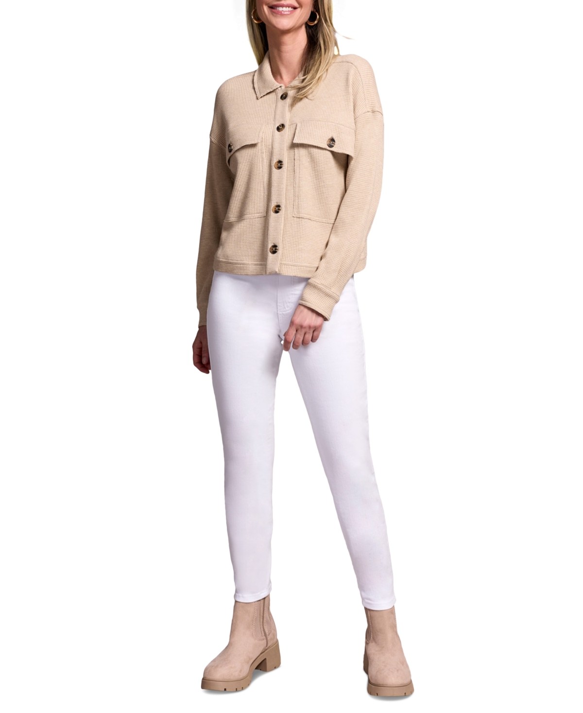 Tribal Women's Brushed Waffle Knit Crew Neck Jacket In Brown