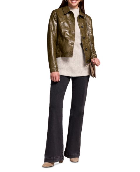 Женские куртки TRIBAL Women's Faux Leather Button-Front Collar-Accent Jacket