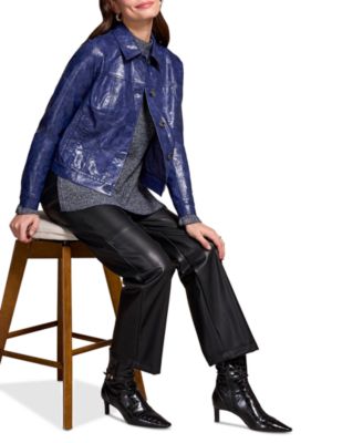 Women's Faux Leather Button-Front Collar-Accent Jacket