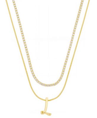 Unwritten - Letter "L" Initial Snake Chain Cubic Zirconia Chain Necklace With Extender 2Pcs Set