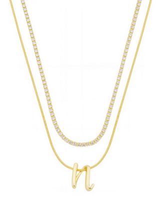 Unwritten - Letter "N" Initial Snake Chain Cubic Zirconia Chain Necklace With Extender 2Pcs Set