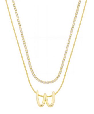 Unwritten - Letter "W" Initial Snake Chain Cubic Zirconia Chain Necklace With Extender 2Pcs Set