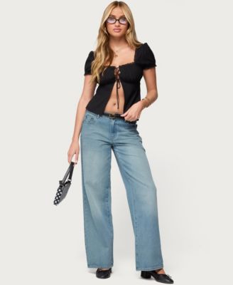 Women's Lacey Split Front Lace Up Top