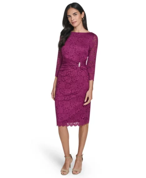 Petite Boat Neck Side Ruche Detail Sheath Dress - Fuchsia
