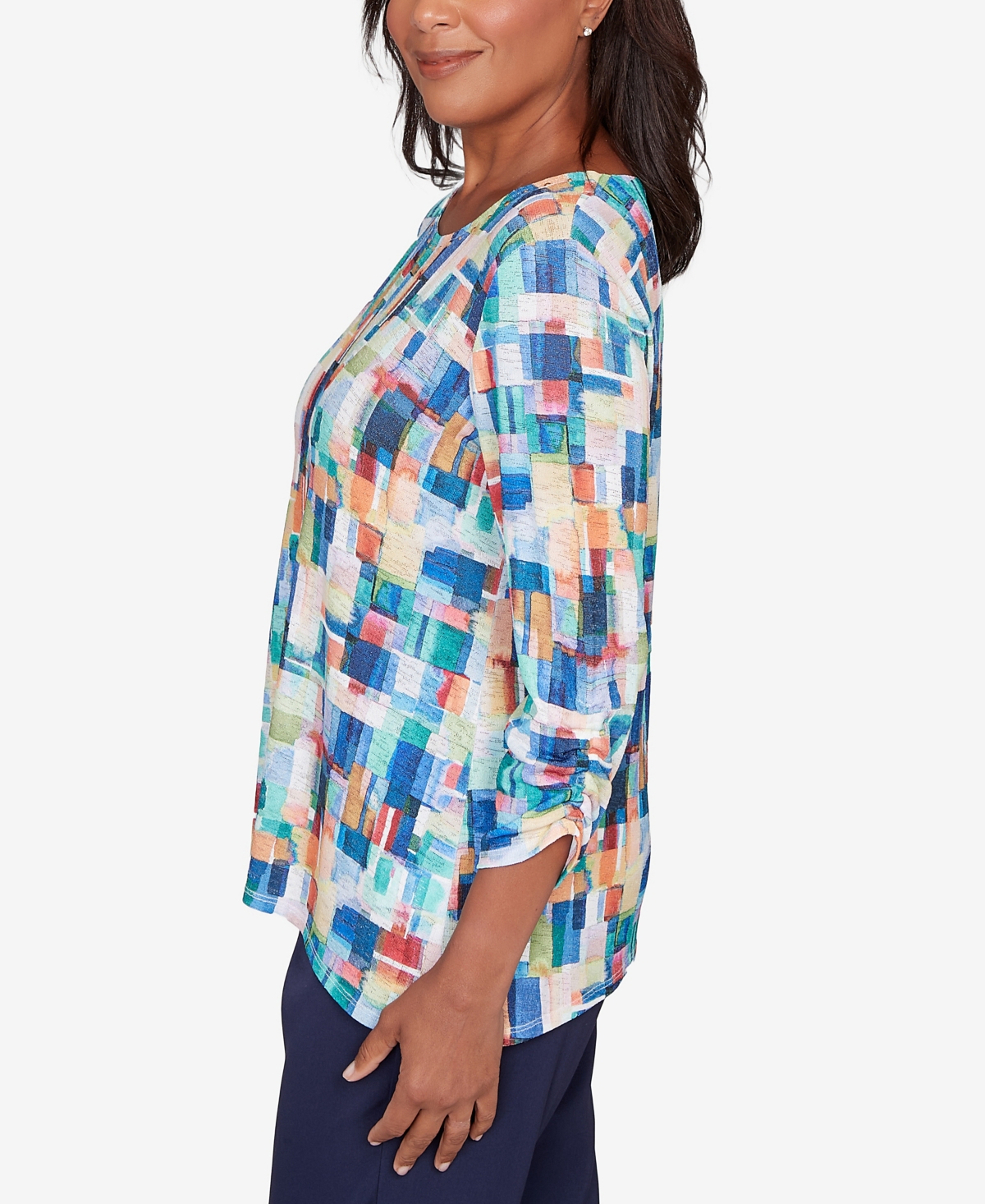 Alfred Dunner Petite Saratoga Springs Tile Print Colorblock Textured Top