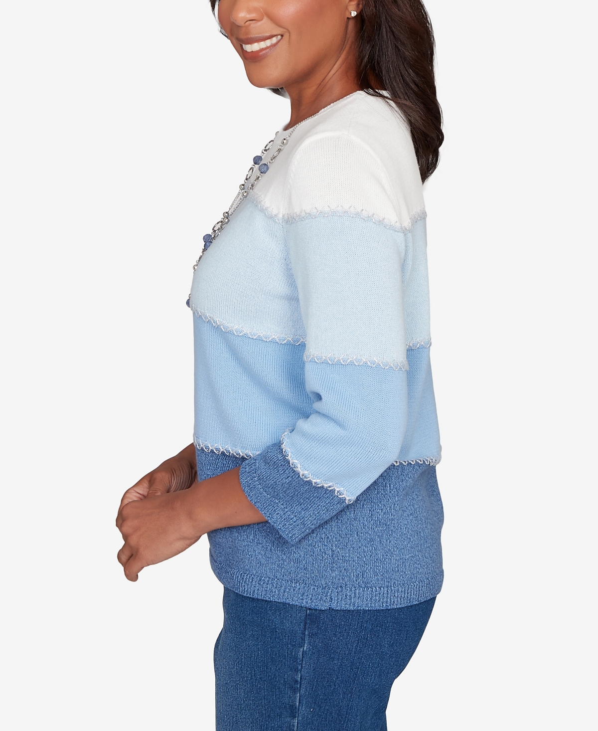 Alfred Dunner Petite Hilton Head Ombre Stripe Sweater with Necklace