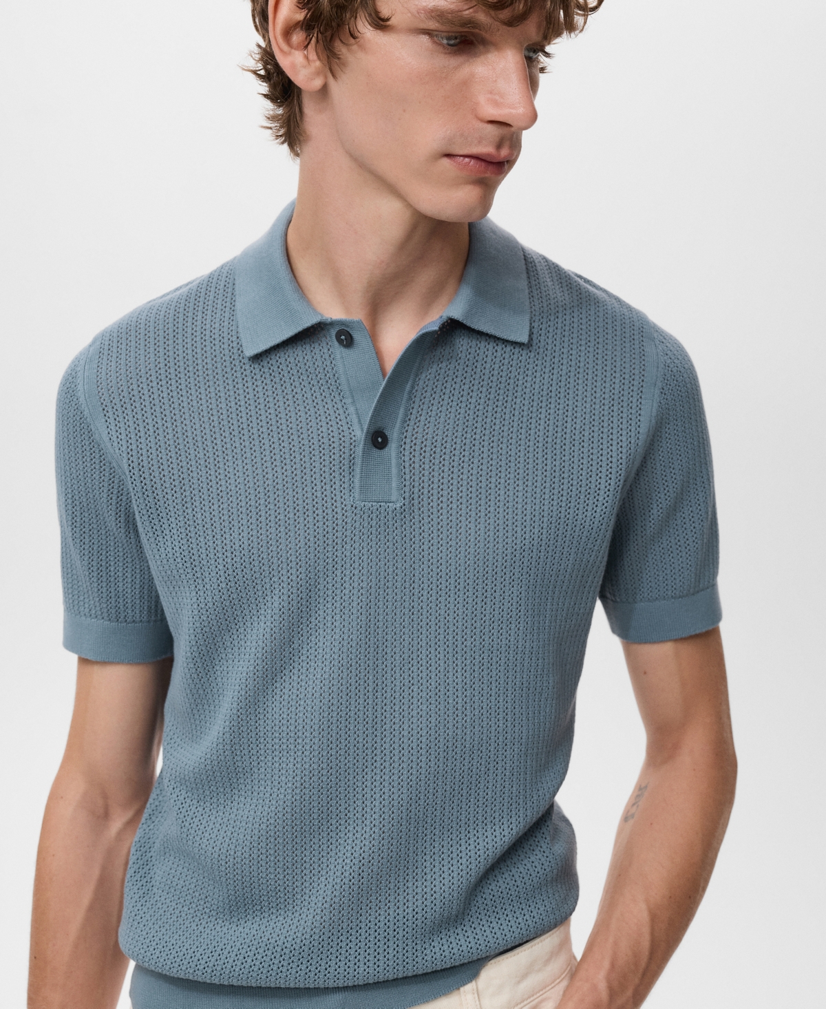 Mango Men's Openwork Knitted Cotton Polo Shirt