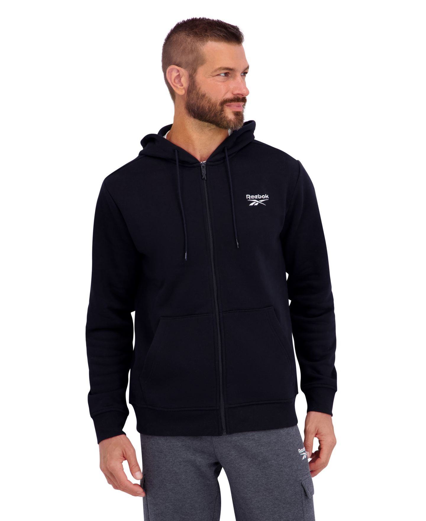 Мужское худи Reebok Regular-Fit Fleece Full-Zip, цвет: Чёрный — фото 2