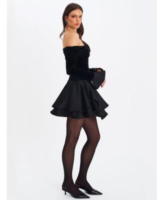 Women Magnolia Black Off-Shoulder Layered Satin Mini Dress