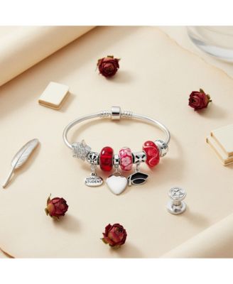 Cap Honor Student Luck Heart Bead Charms Bracelet 925 Sterling Silver