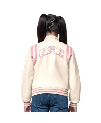 Girls Cream/Pink Golden State Warriors Underdog Leather Varsity Jacket