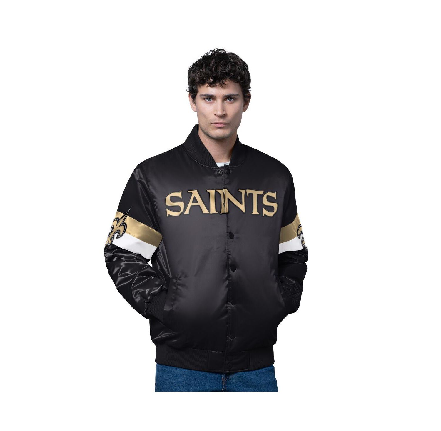 Men's Black New Orleans Saints Triple Option Satin Varsity Full-Snap Jacket