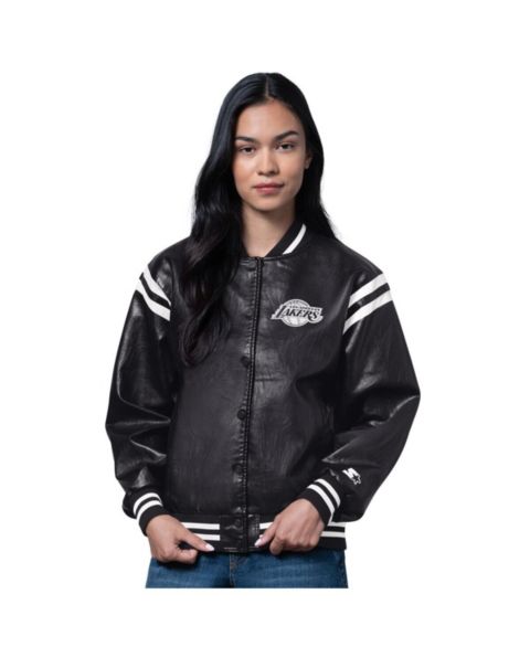 Женские куртки Starter Women's Black Los Angeles Lakers High Heat Leather Varsity Full-Snap Jacket