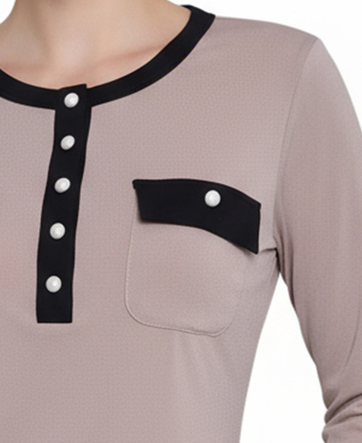 Ny Collection Petite Long Sleeve Contrast Detail Top