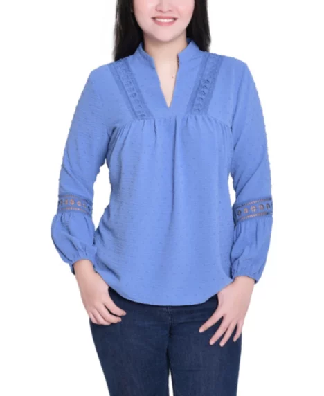 Petite Long Sleeve Collared Top - Colony Blue