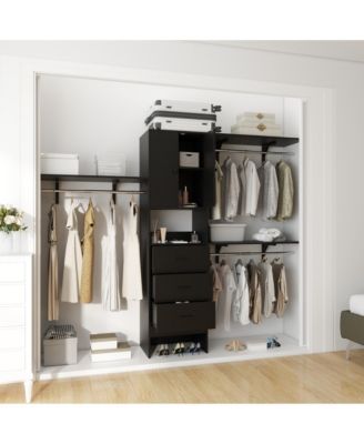 96-Inch Closet Organizer System with 3 Wood Drawers, Shelving Towers and Hanging Rods, 8-Foot Closet System with Doors