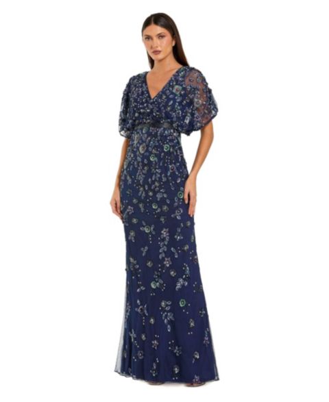 Женское платье Mac Duggal Floral Embellished Short Sleeve Blouson Gown, цвет: Тёмно-синий