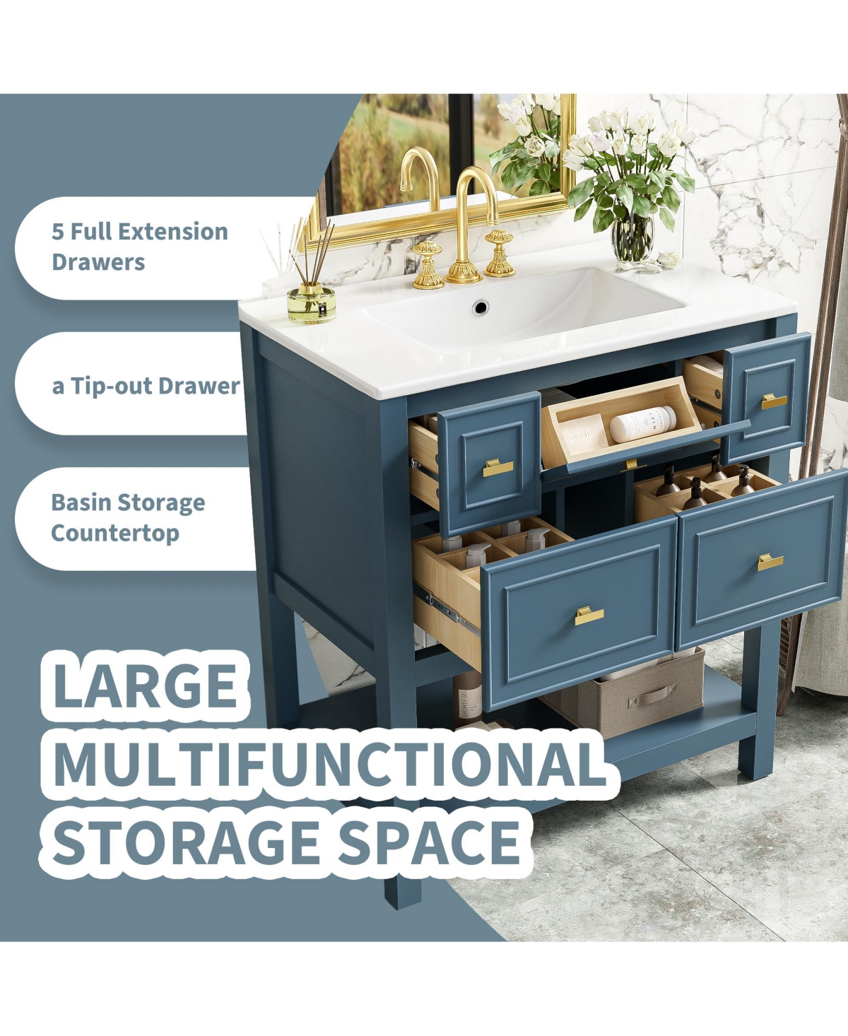 Lovmor 30inch Bathroom Vanity with Ceramic Sink Combo Free Standing Single Vanity Set with 5 Drawers Solid Wood Frame Bathroom Storage Cabinet