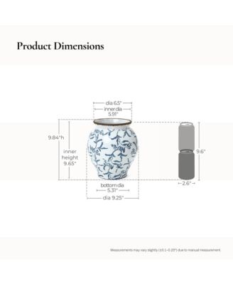 Handmade Blue Floral Wide-Mouth Waterproof Ceramic Vase, 9.25" Round Indoor Home Decor