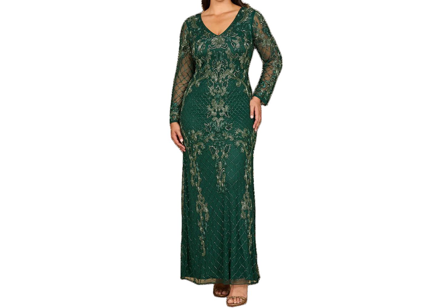 Женские платья Lara Long Sleeve Contrast Beaded Gown, цвет: Тёмный зелёный — фото 3