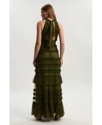 Women's Tulle Layered Halter Neck Maxi Dress