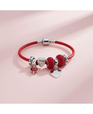 Heart Lover Couples Valentine Charm Bracelet with Red Leather & Silver Clasp