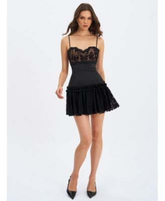 Women's Umra Black Contrast Lace Sweetheart Gathered Mini Dress