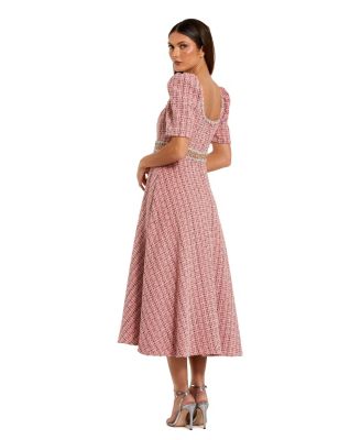 Women's Puff Sleeve Boucle Midi Dress With Beaded Belt