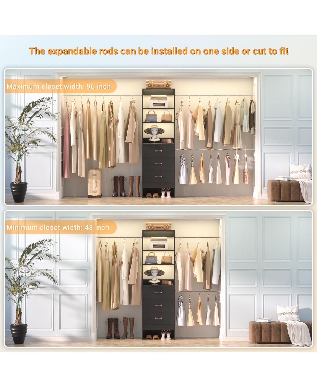 Aheaplus 5-8FT Adjustable Closet Organizer System with 3 Drawers & Hanging Rods, Clothes Rack for Organization