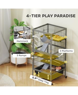 45" Small Animal Cage, 4-Tier Rolling Ferret Chinchilla Cage,