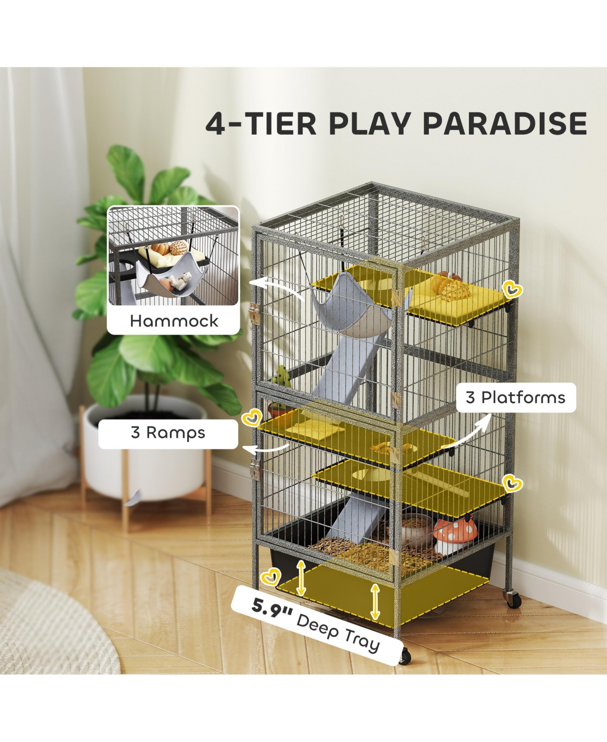 PawHut 45" Small Animal Cage, 4-Tier Rolling Ferret Chinchilla Cage,
